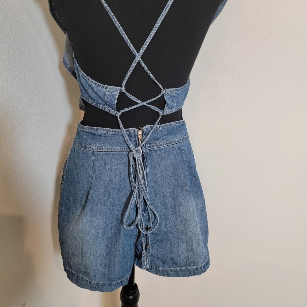Blue Denim Ruffle Lace Up Back Cut Out Romper Small Wash Boho Festival - Picture 9 of 15